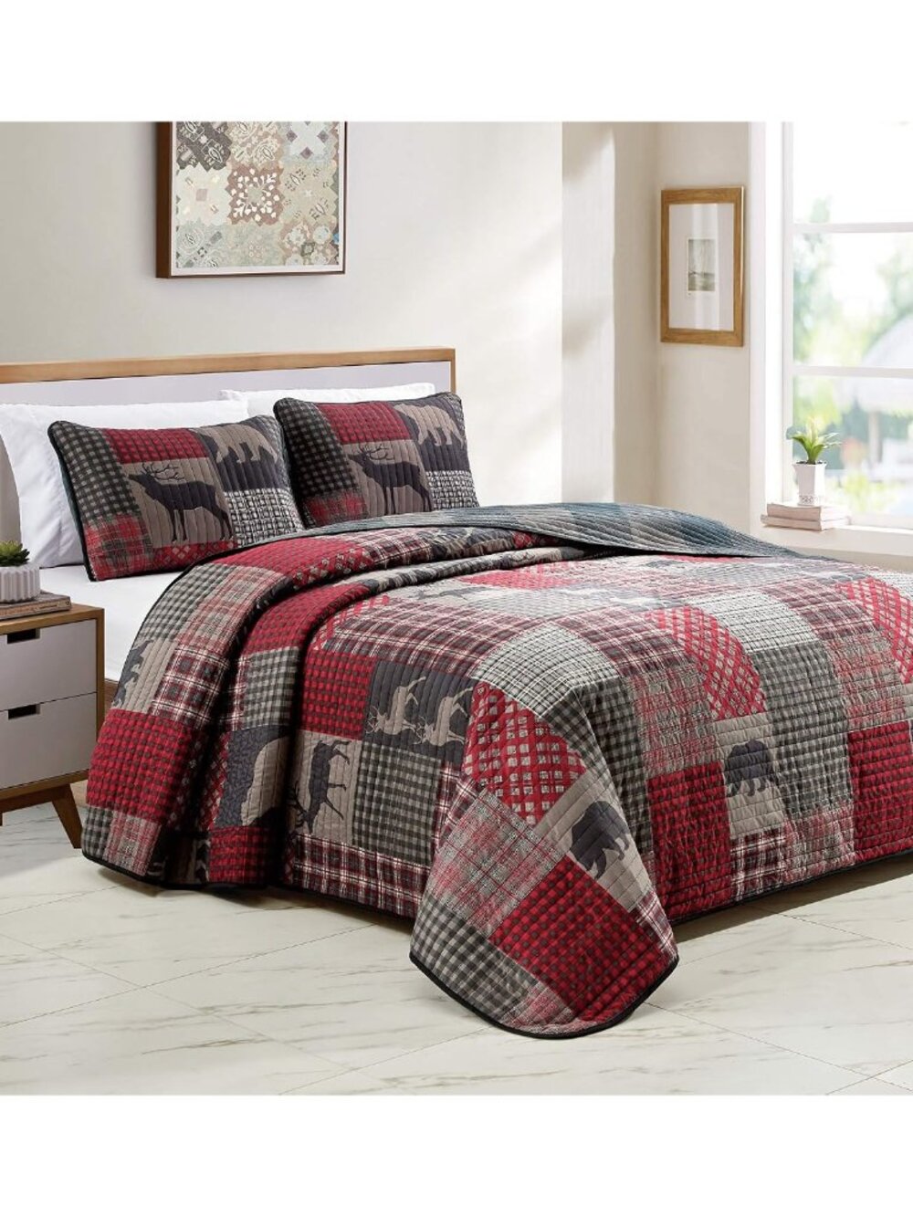 Rustic Log Cabin Lodge Quilted Grey Charcoal Deep Red Reversible Plaid Bear Patc